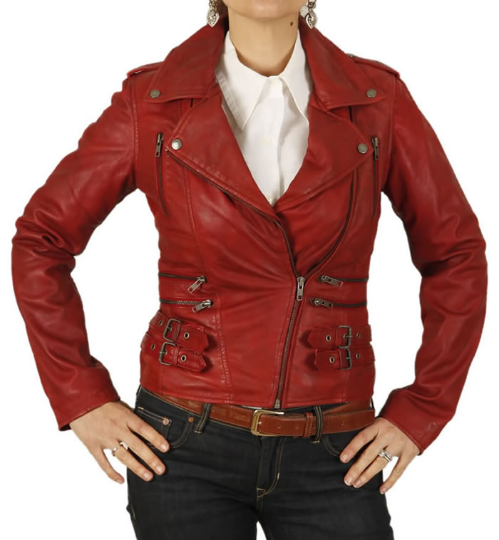 Ladies Red Leather Biker Jacket With Quilting Detail from Simons Leather