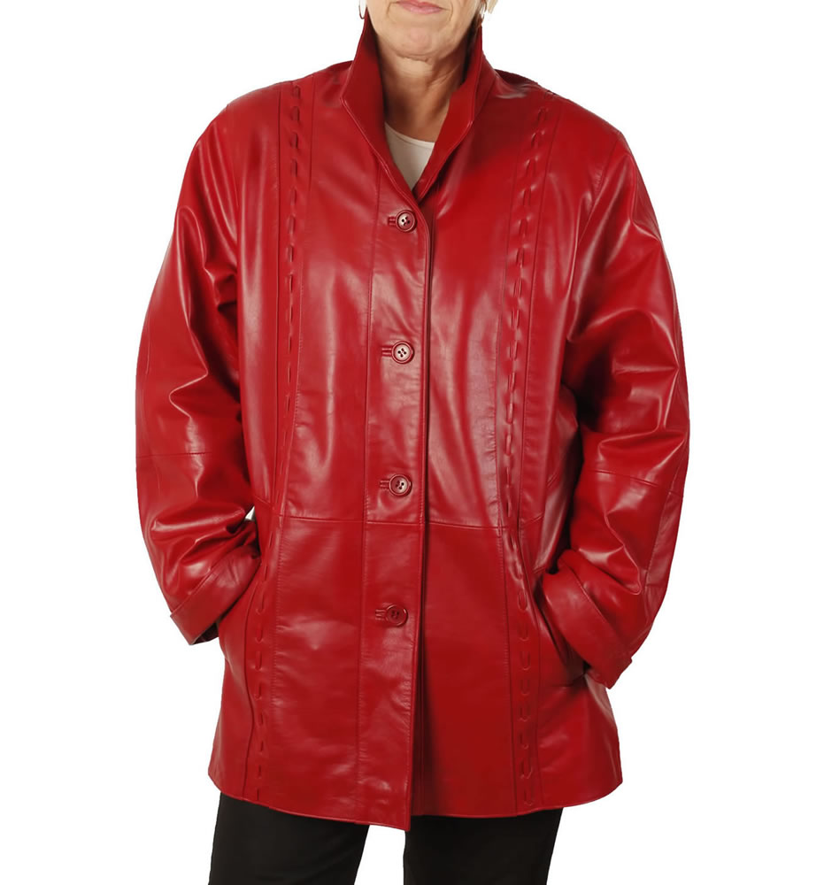 Ladies 3/4 Red Leather Jacket With Inlaid Detail from Simons Leather