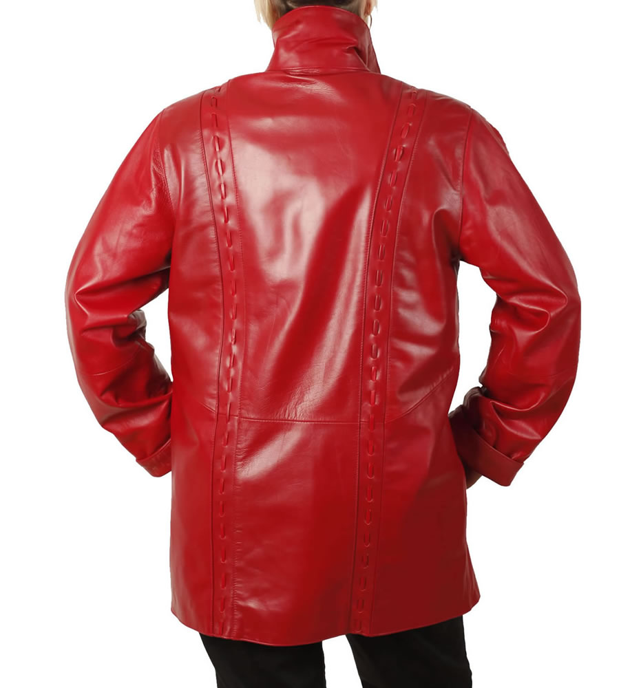 Ladies 3/4 Red Leather Jacket With Inlaid Detail from Simons Leather