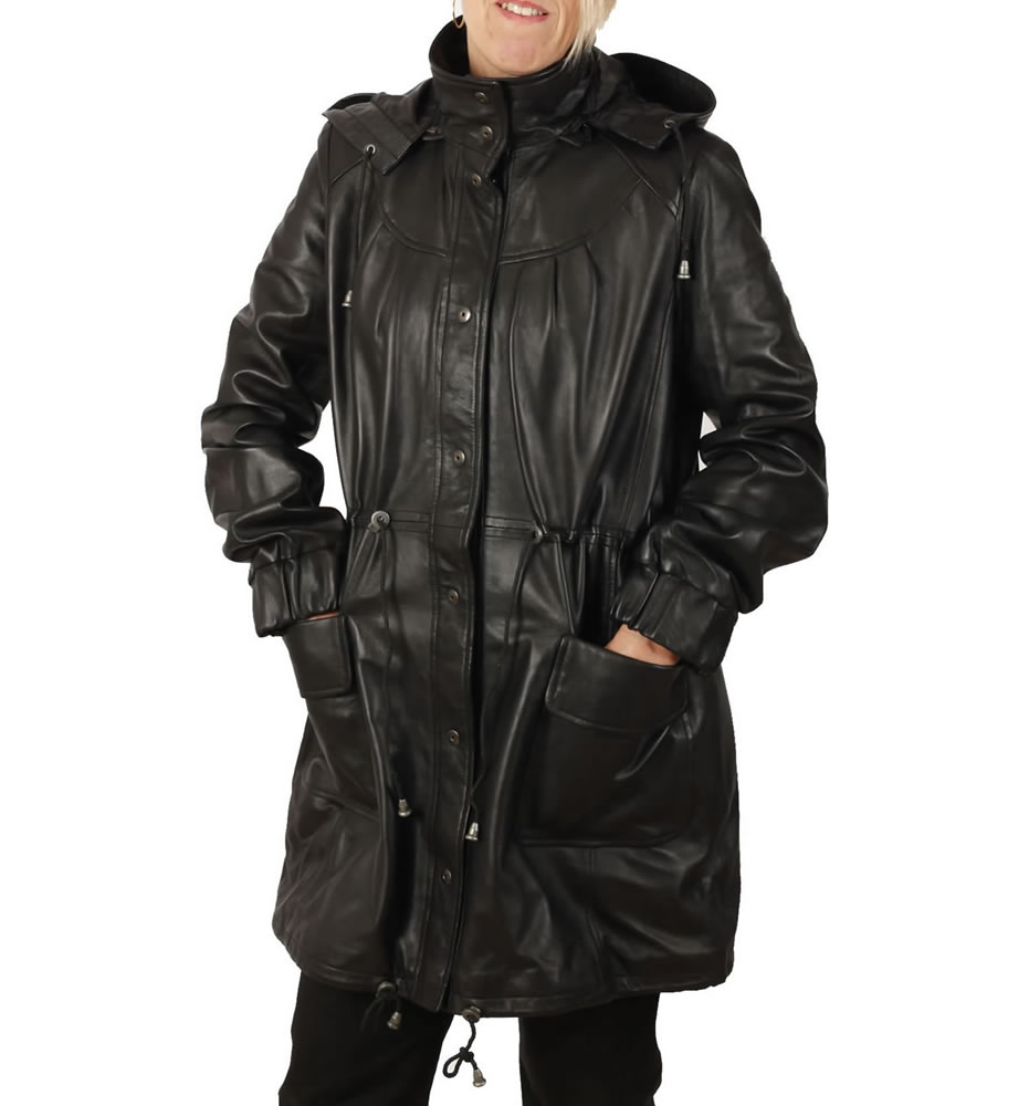 Ladies 3/4 Black Leather Hooded Parka from Simons Leather