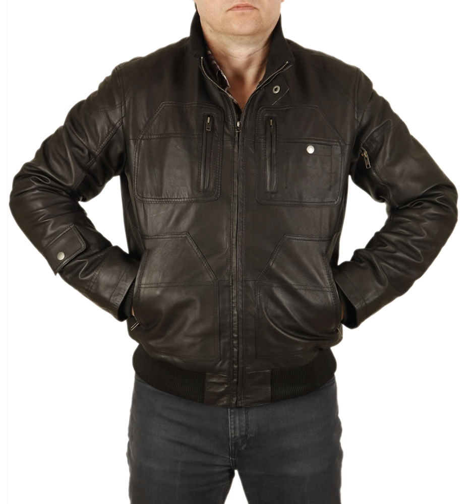 Multi Zip Pocket Men's Leather Bomber Jacket from Simons Leather