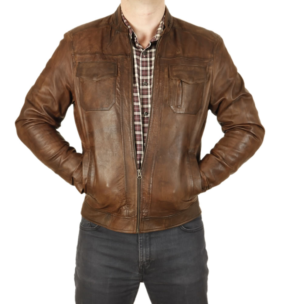 Antique Brown Leather Pocketed Biker Jacket From Simons Sl101212 Antique Brown Leather Pocketed Biker Jacket