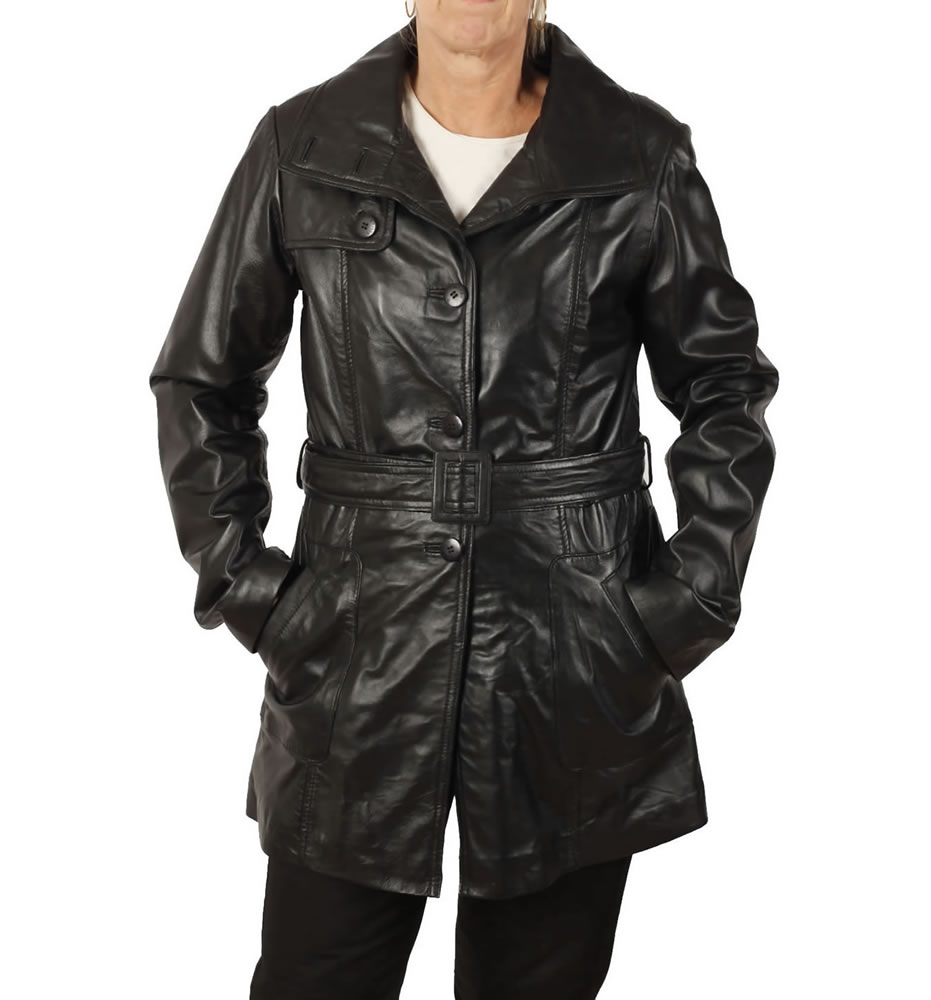 Ladies TieBelt 3/4 Black Leather Trench from Simons Leather