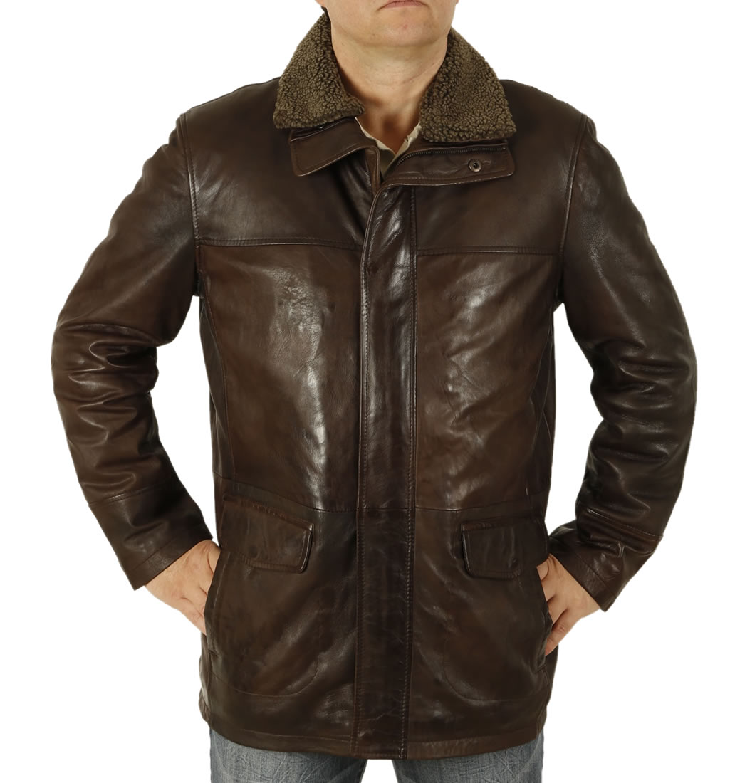 Mens Hip Length Brown Leather Coat With Zip Off Collar From Simons Sl12562 Mens Hip Length Brown Leather Coat With Zip Off Collar
