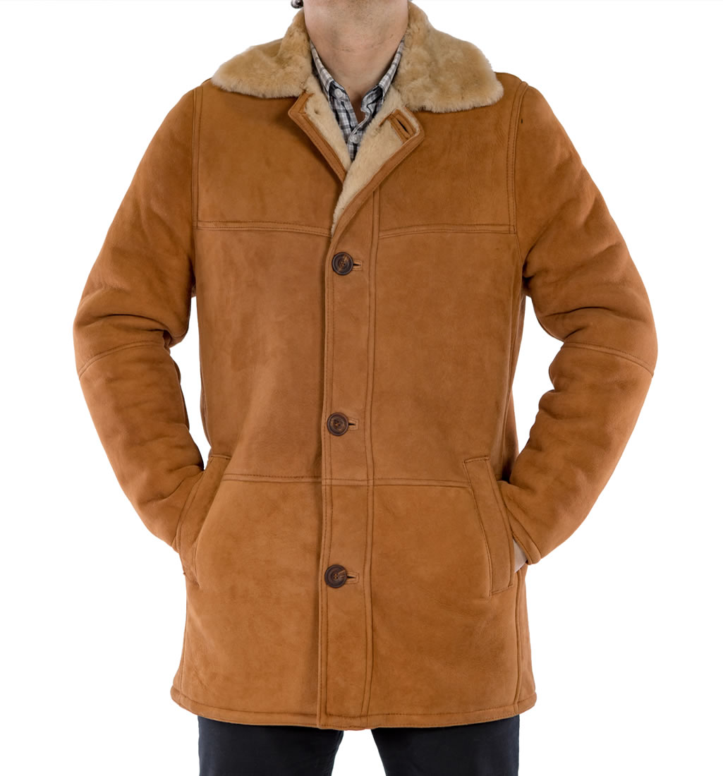 Mens Sheepskin Box Coat In Tan from Simons Leather