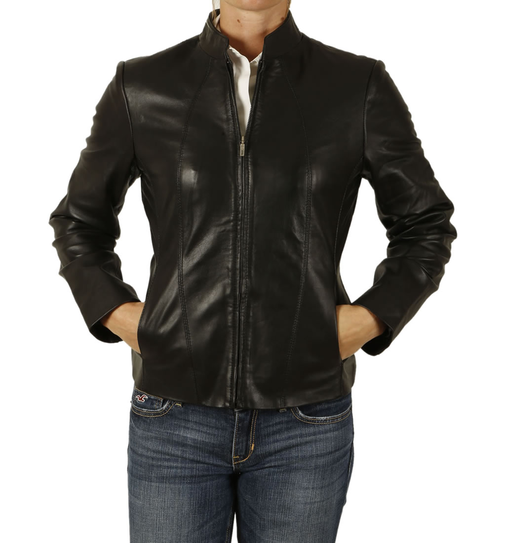 Las Shaped Hip Length Black Leather Zip Jacket From Simons Sl11861 Las Shaped Hip Length Black Leather Zip Jacket