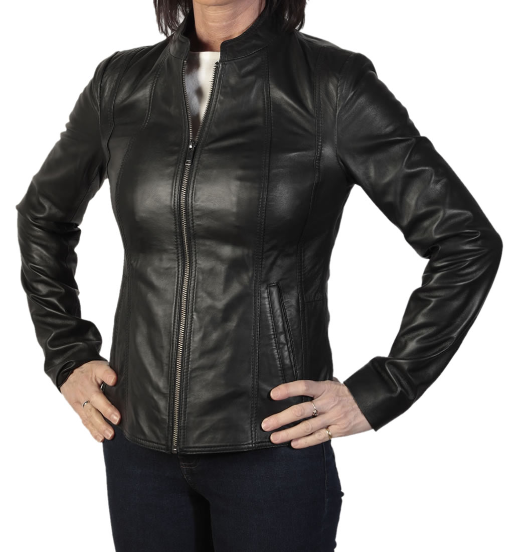 Ladies Shaped Hip Length Black Leather Zip Jacket from Simons Leather