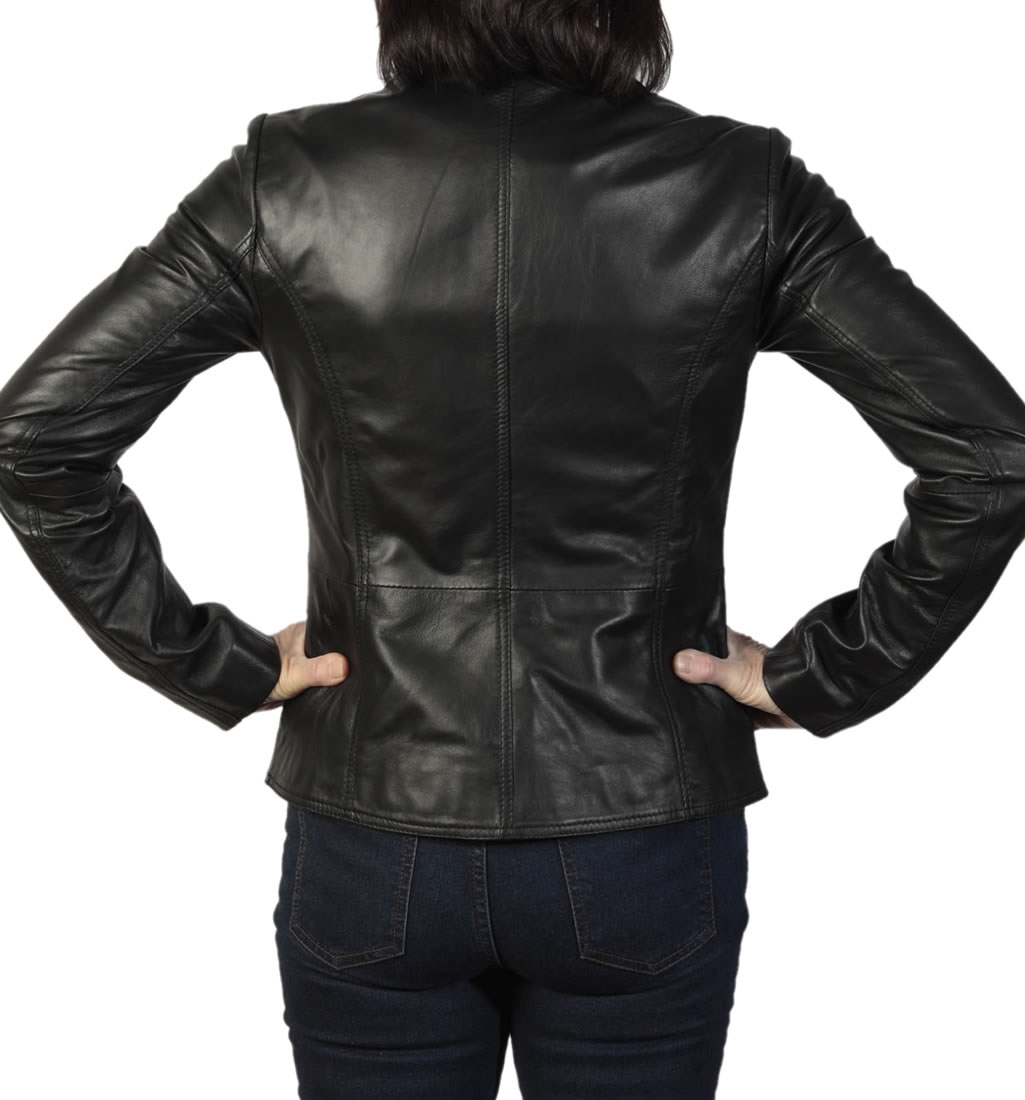 Ladies Shaped Hip Length Black Leather Zip Jacket from Simons Leather