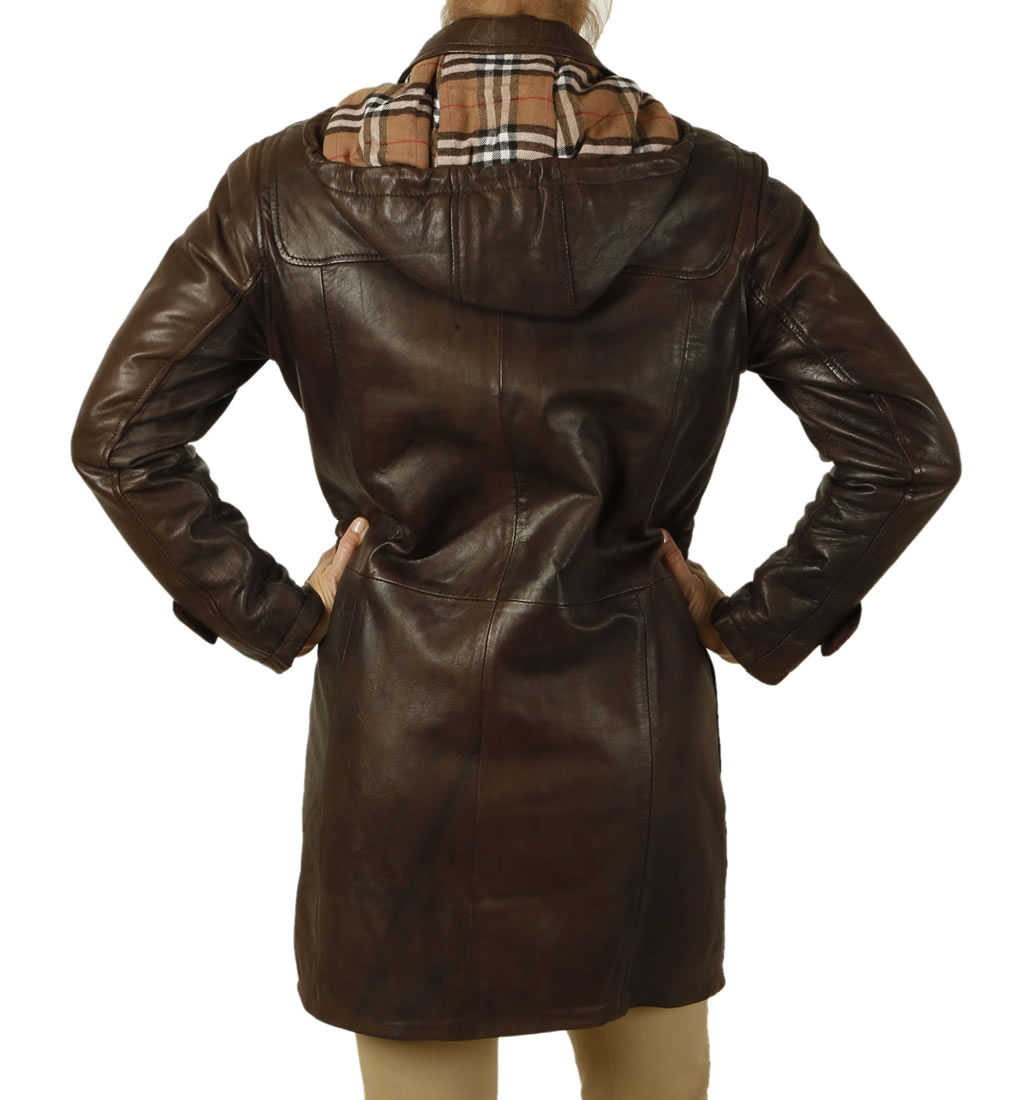 Ladies 3/4 Length Brown Leather Duffle Coat from Simons Leather
