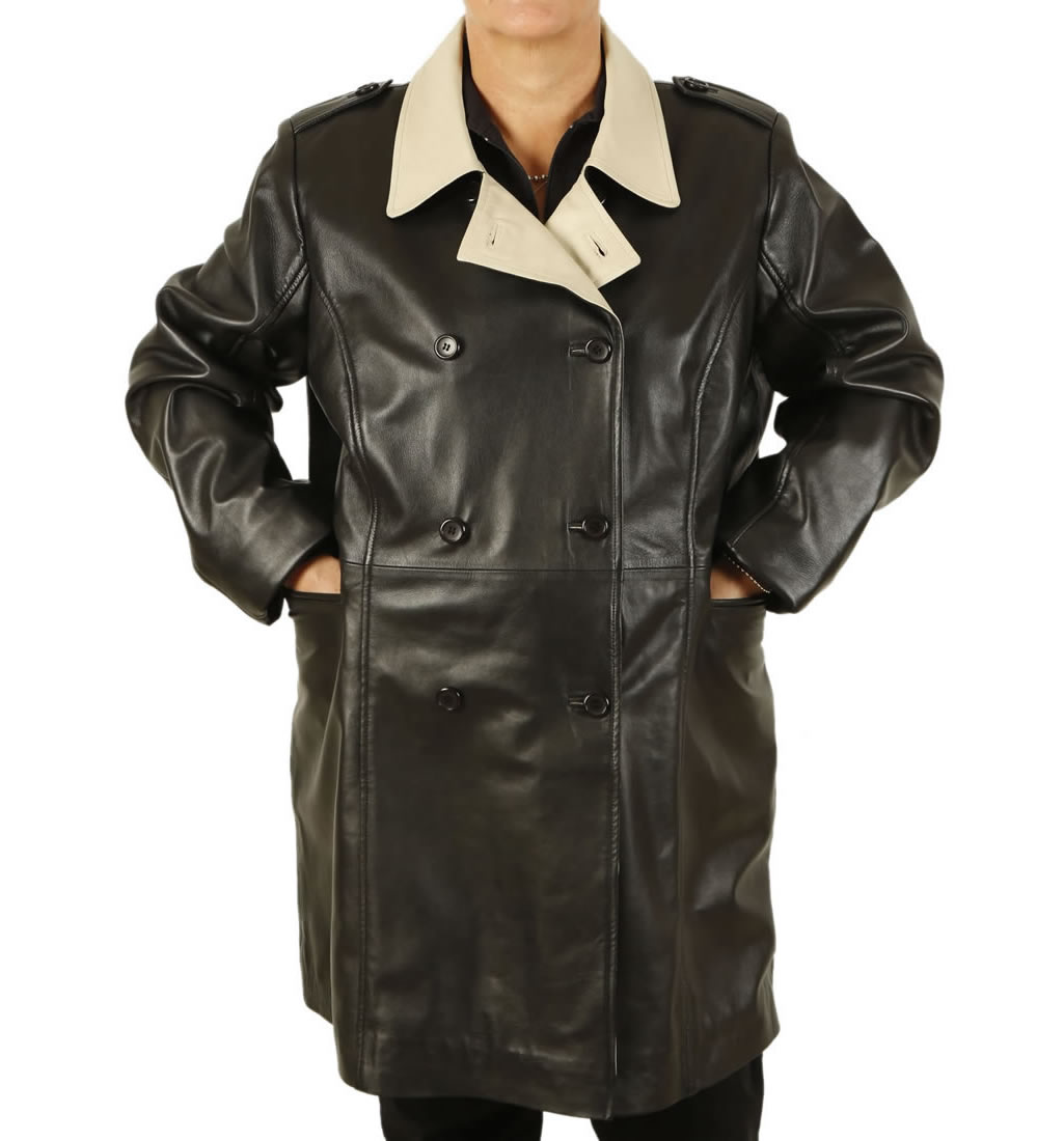 Plus Size Half Price Ladies DoubleBreasted 3/4 Length Leather Coat