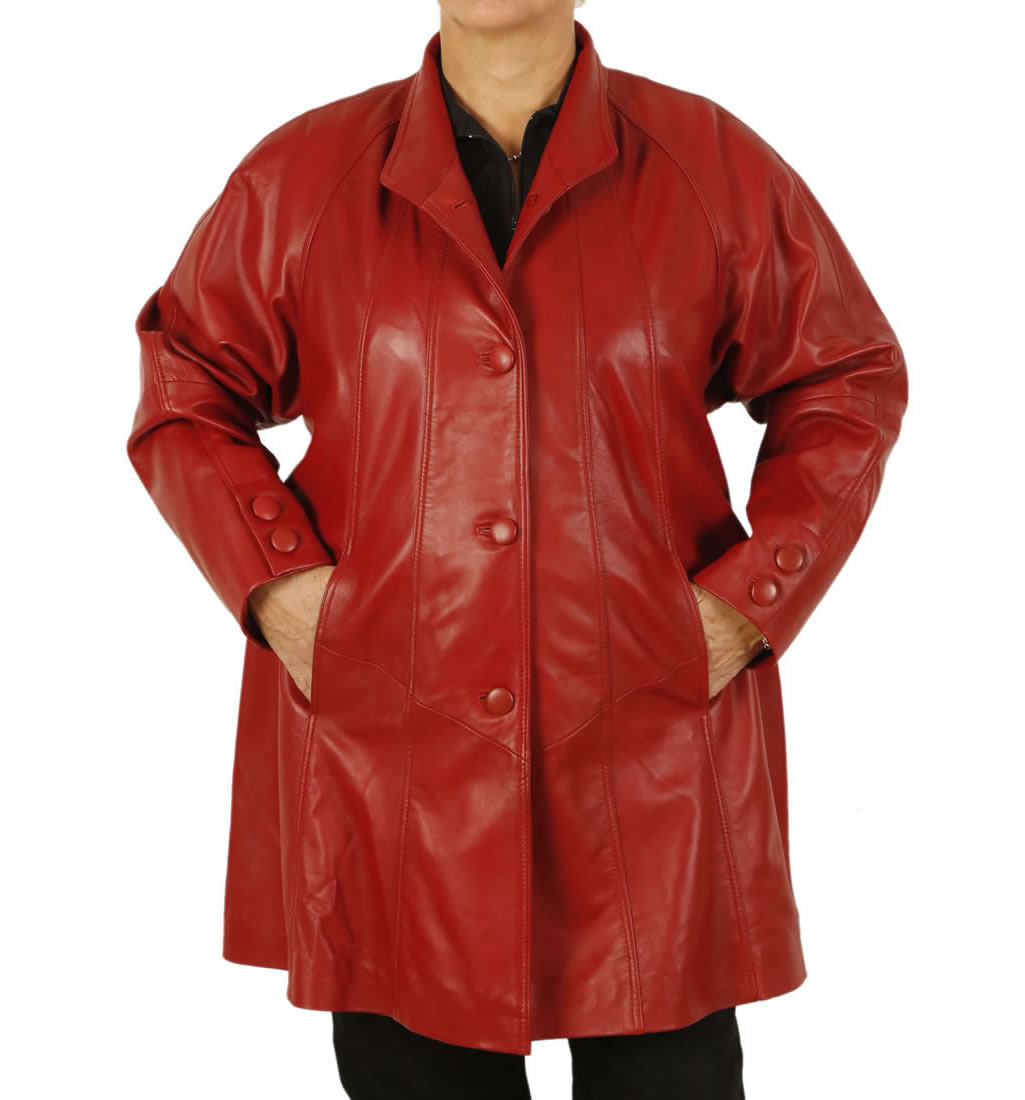 Plus Size 22/24 3/4 Length Red Leather 'Swing' Coat from Simons Leather Plus Size 22/24 3/4 Length Red Leather 'Swing' Coat from Simons Leather