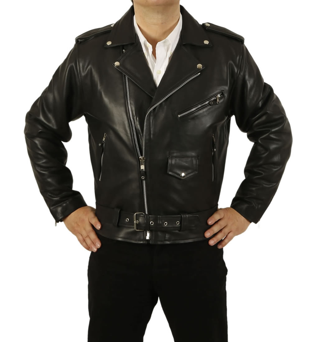 Mens Belted Black Hide Leather Brando Biker Jacket From Simons Sl1119 Mens Belted Black Hide Leather Brando Biker Jacket