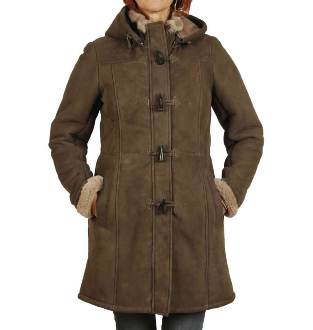 Ladies Suede Finish Taupe Sheepskin Duffle Coat from Simons Leather