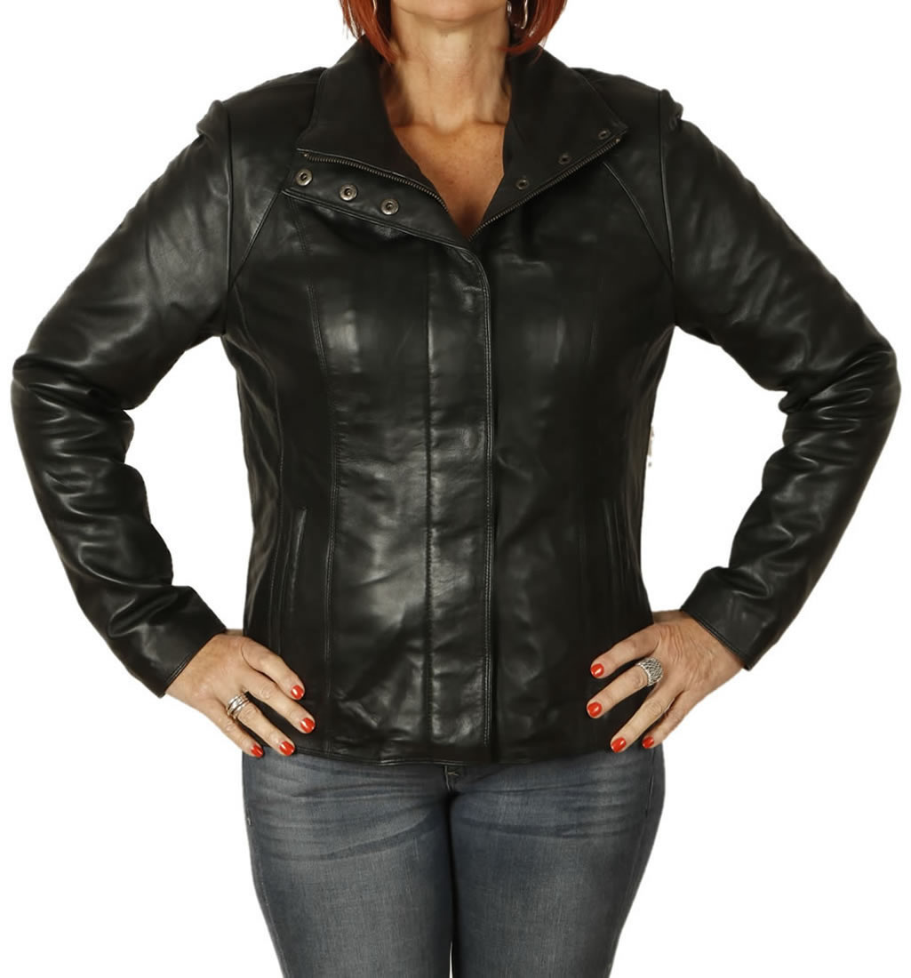 Ladies New Style Semi Fitted Black Leather Zip Jacket from Simons Leather