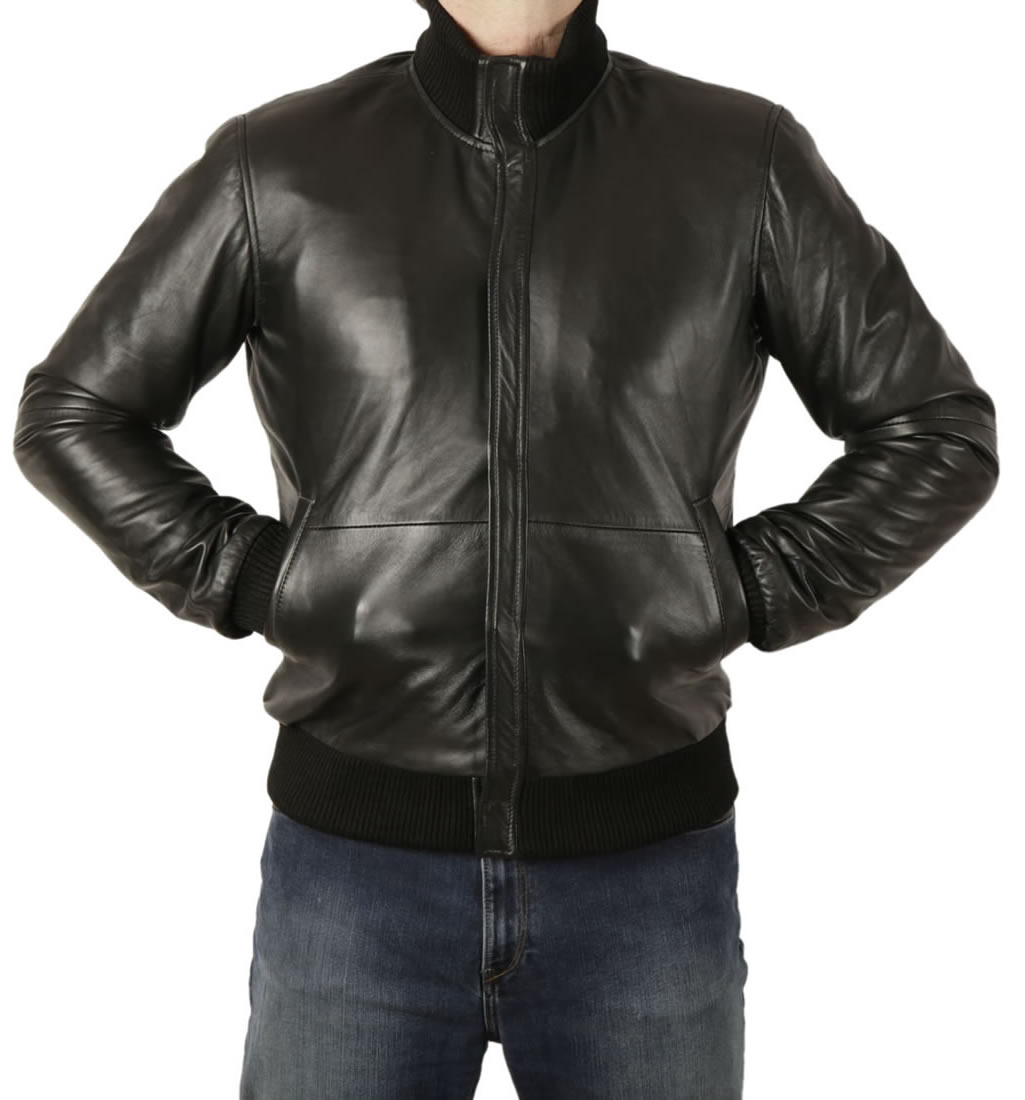 Men S Plain Style Zip Through Collar Black Leather Er