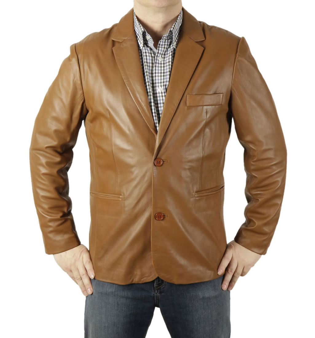 New Style Two-Button Tan Fitted Leather Blazer from Simons Leather