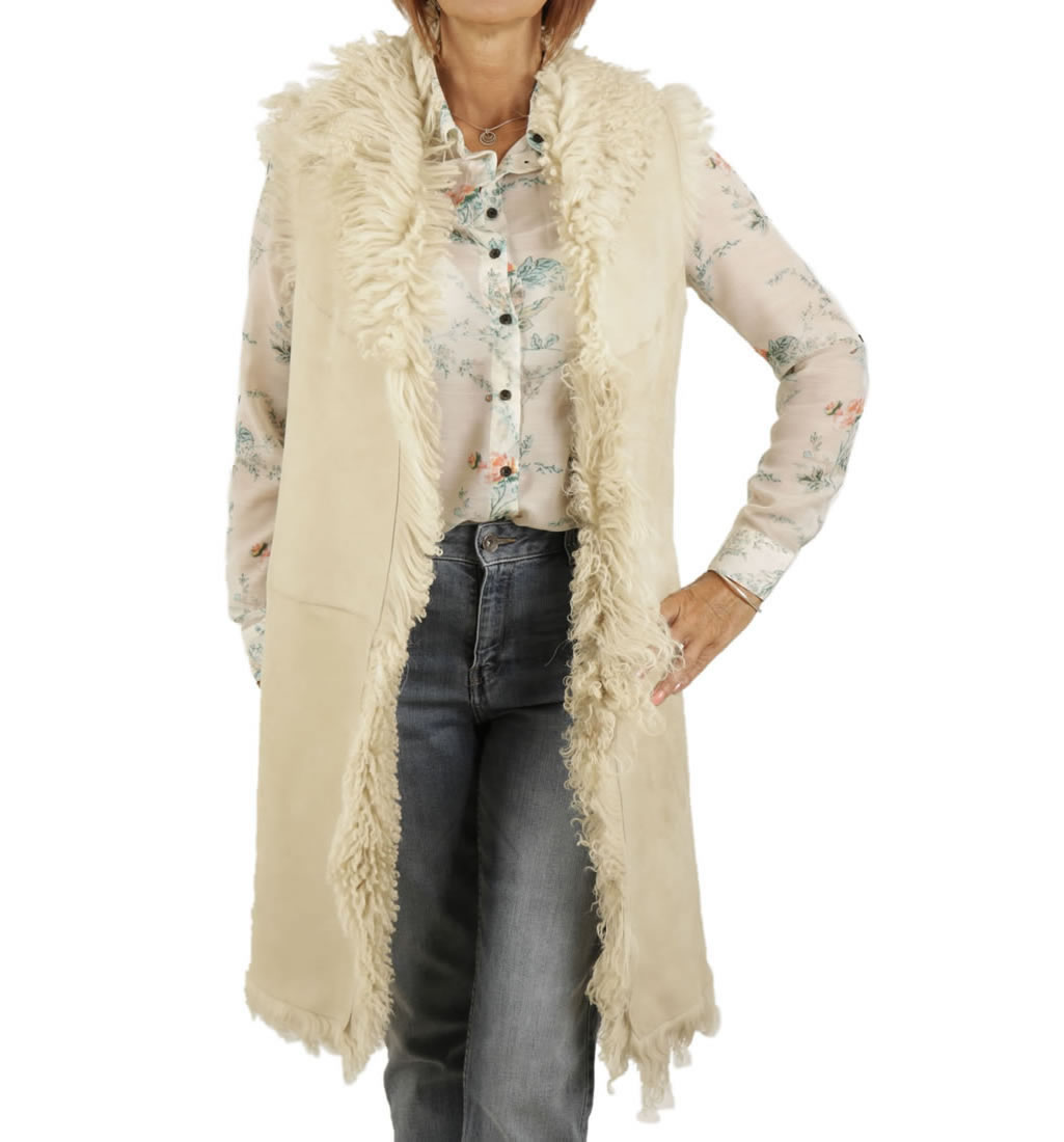 Ladies Reversible Long Length Shearling Gilet In Cream from Simons Leather