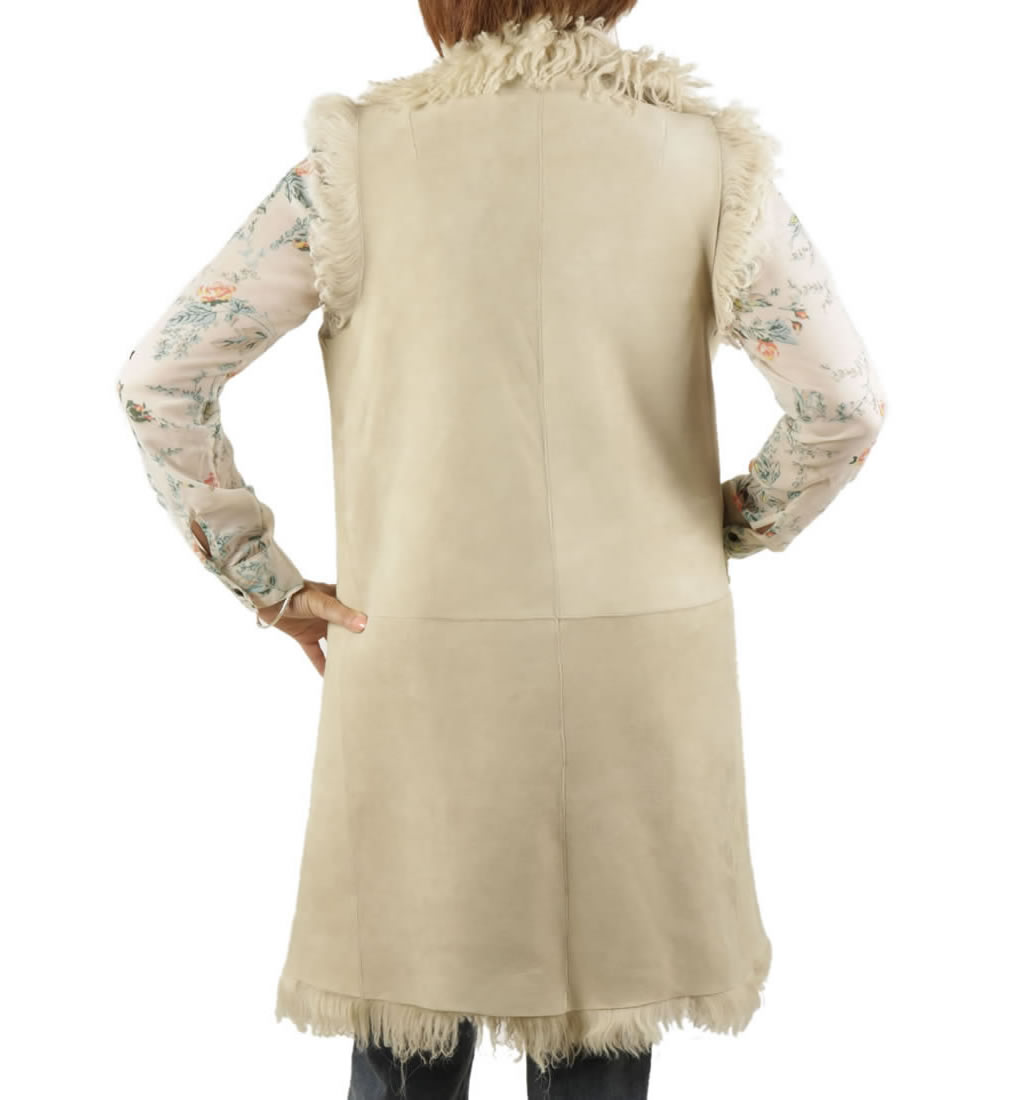 Ladies Reversible Long Length Shearling Gilet In Cream from Simons Leather
