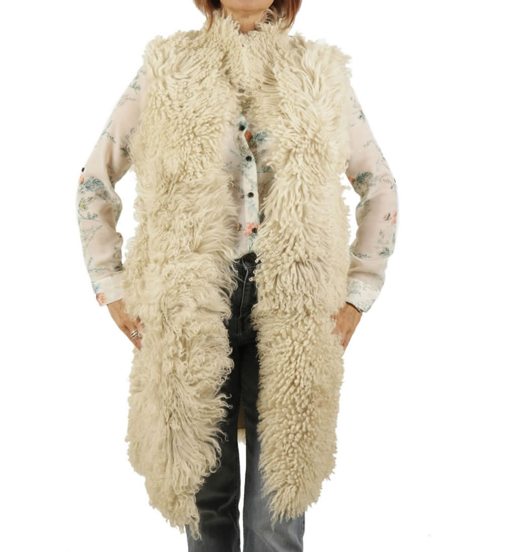 Ladies Reversible Long Length Shearling Gilet In Cream from Simons Leather