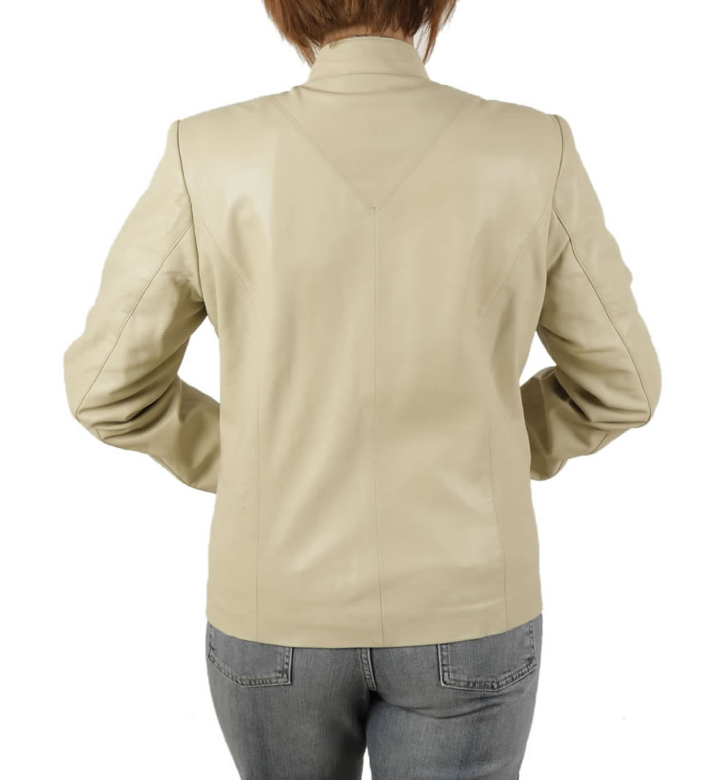 Ladies SemiFitted Hip Length Ivory Leather Mandarin Collar Jacket from