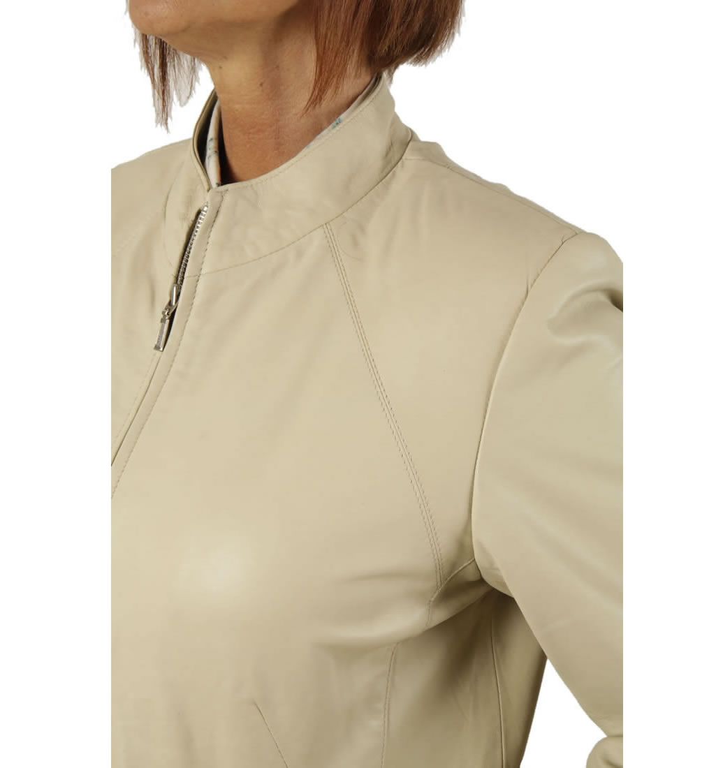 Ladies SemiFitted Hip Length Ivory Leather Mandarin Collar Jacket from