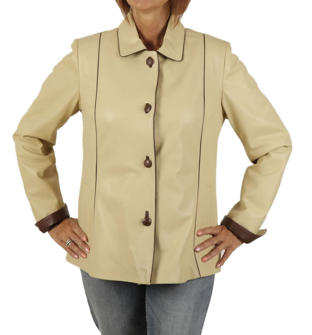 Semi Fitted Cream Leather Jacket With Contrast Detail from Simons Leather