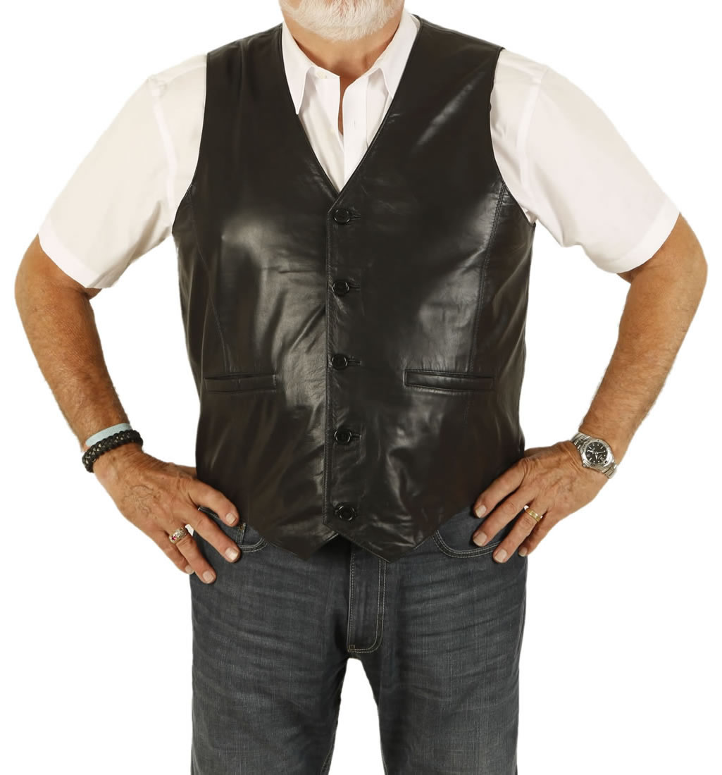 Plus Size Classic Longer Length Black Leather Waistcoat from Simons Leather