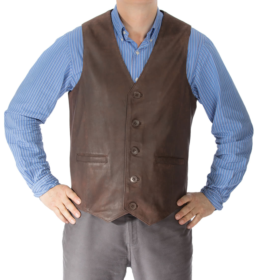 Classic Longer Length Brown Buff Leather Waistcoat from Simons Leather