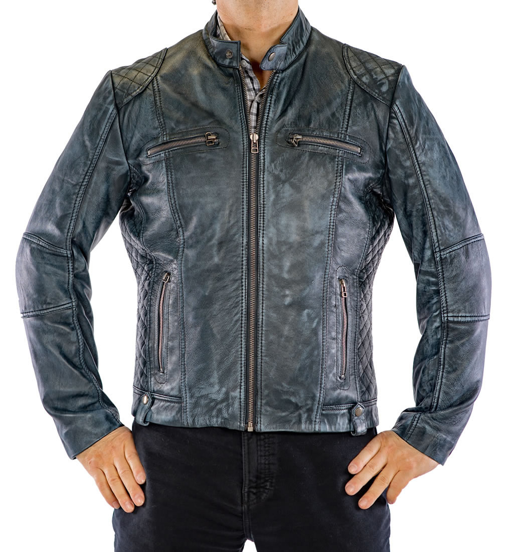 Antique Blue Leather Biker Jacket With Side Quilting Detail from Simons Leather