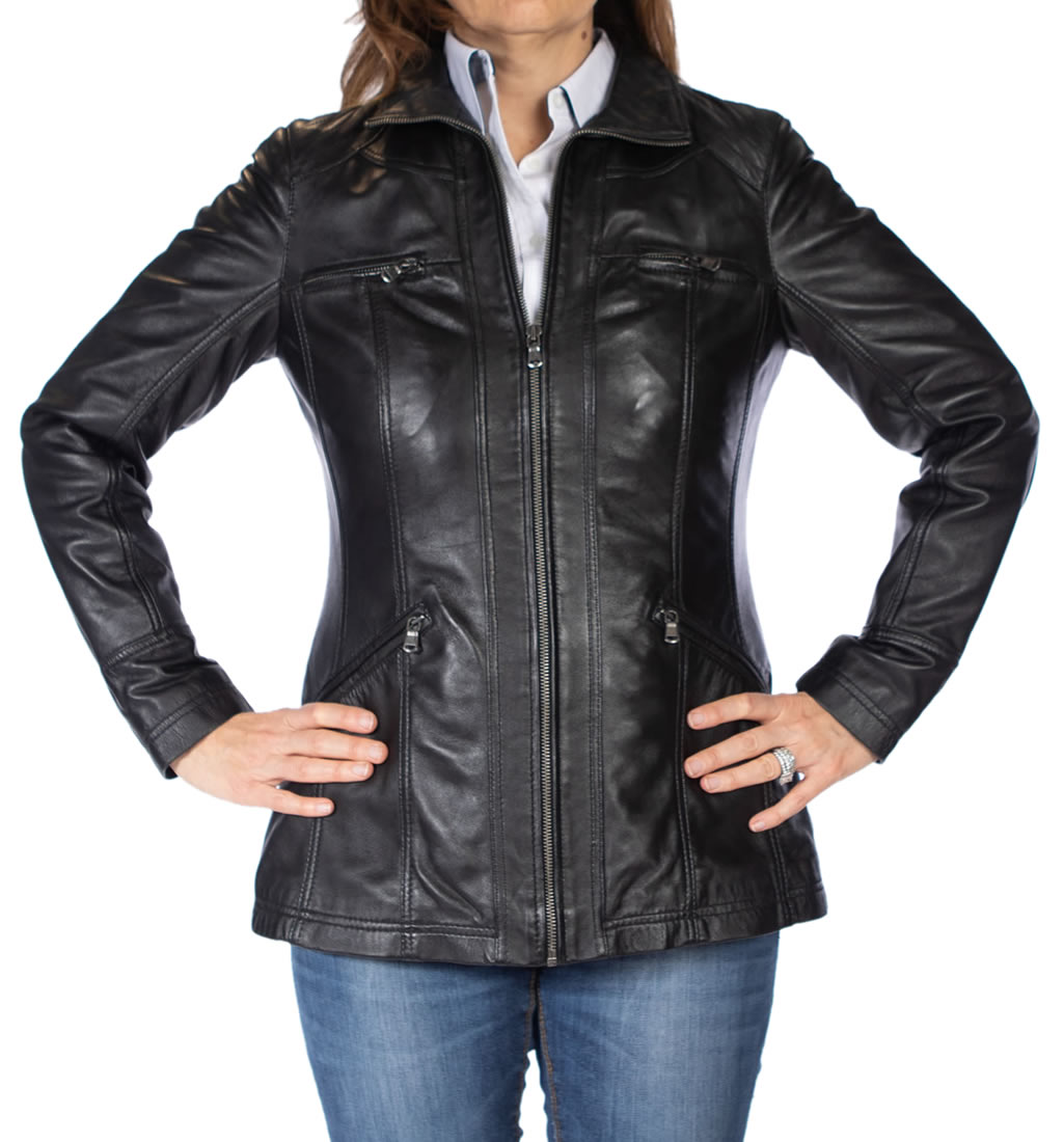 Ladies Long Line Zip-Up Black Leather Jacket from Simons Leather