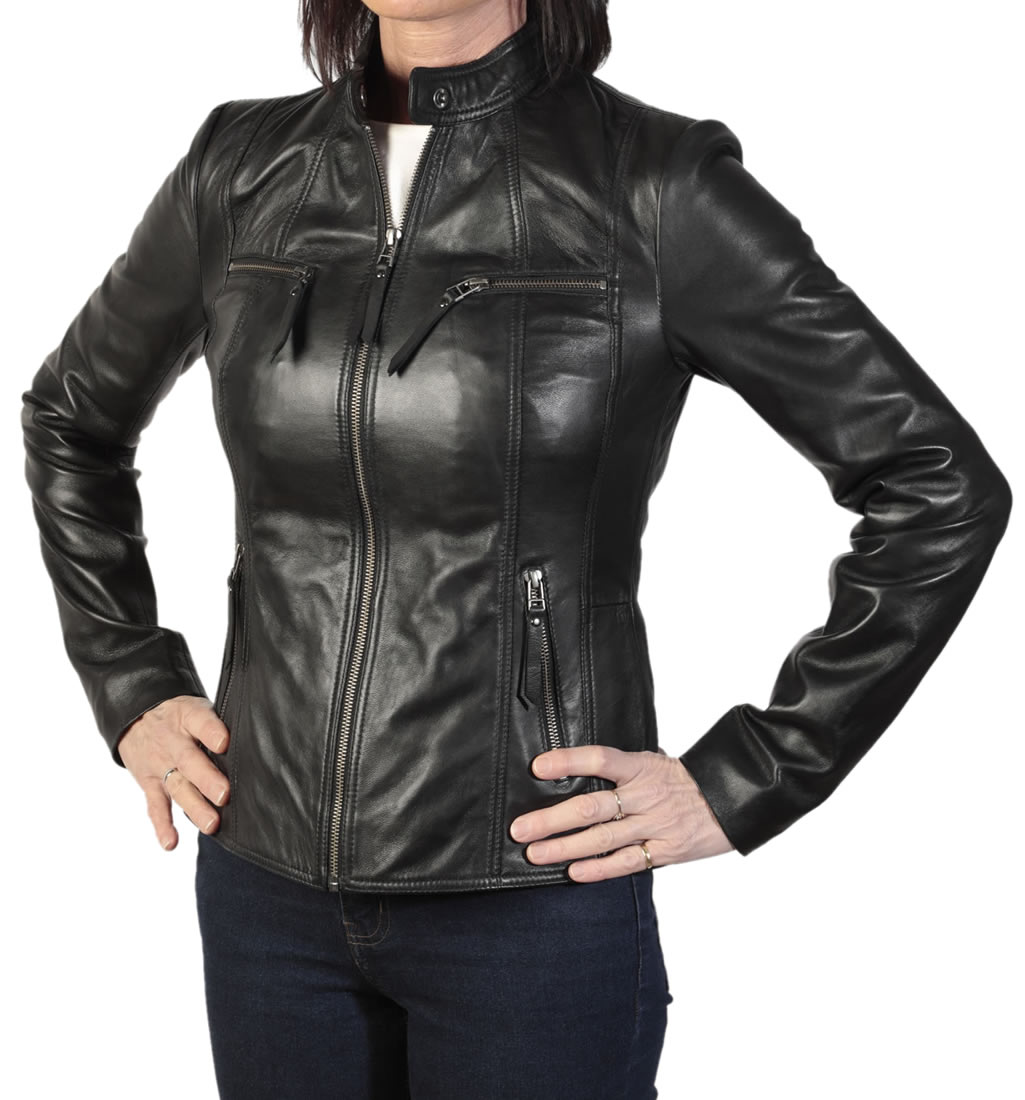 Ladies Premium Black Leather Hip Length Biker Jacket from Simons Leather