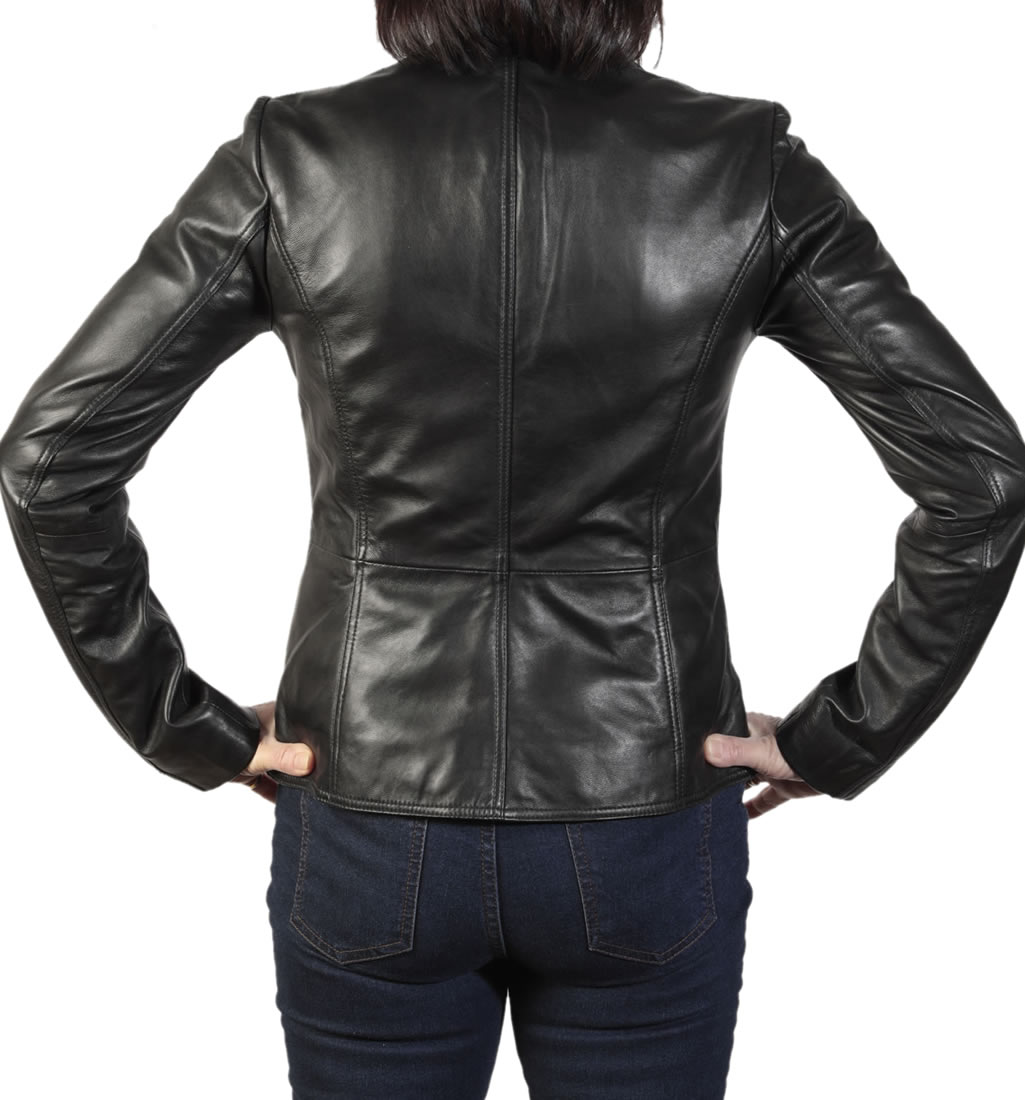 Ladies Premium Black Leather Hip Length Biker Jacket from Simons Leather