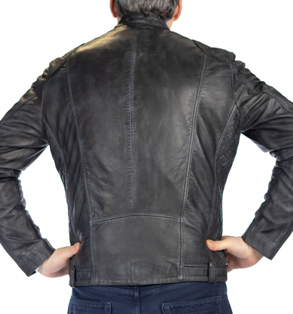 Antique Charcoal Leather Biker Jacket With Side Quilting Detail from