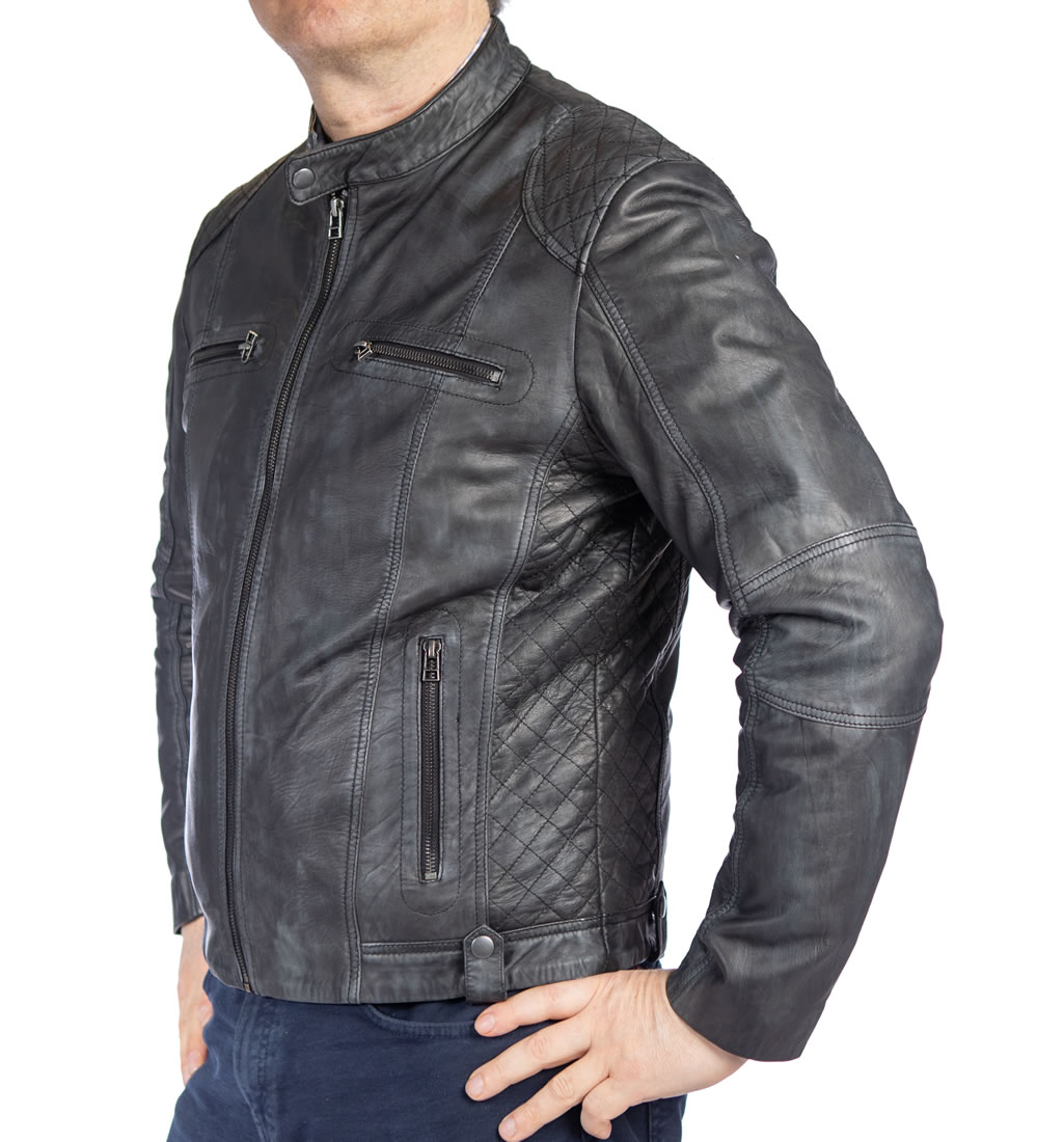 Antique Charcoal Leather Biker Jacket With Side Quilting Detail from