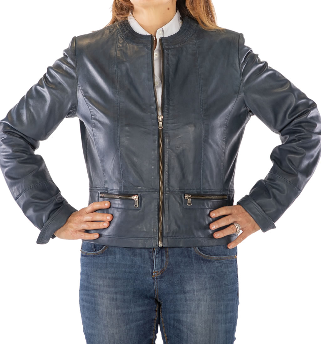 navy blue collarless jacket