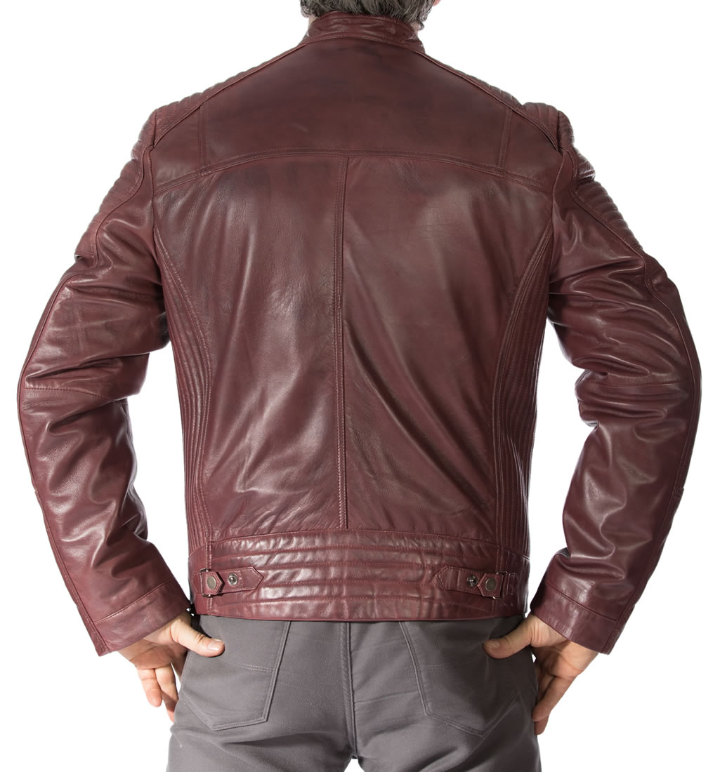 Mens Antiqued Burgundy Leather Biker Jacket With Ribbing Detail from