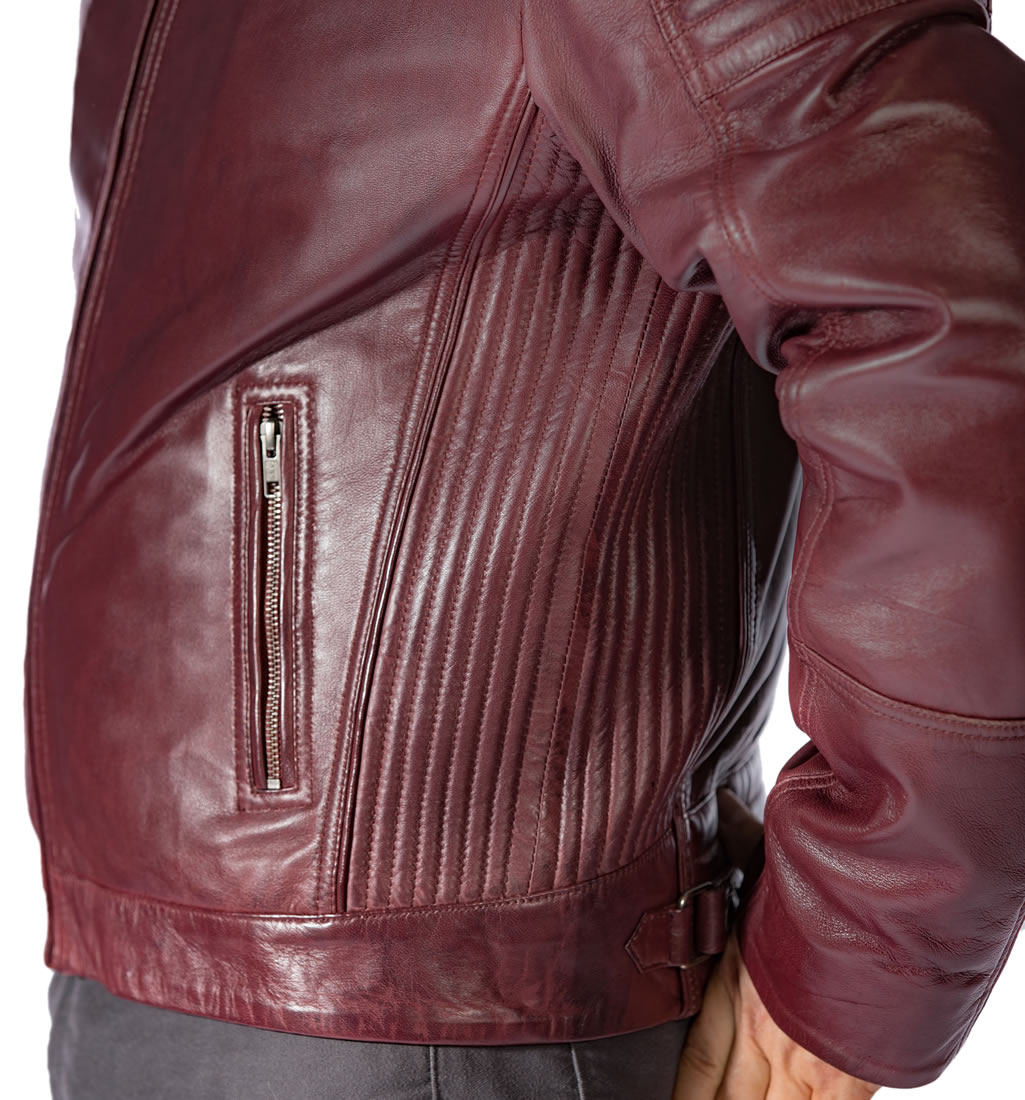 Mens Antiqued Burgundy Leather Biker Jacket With Ribbing Detail from