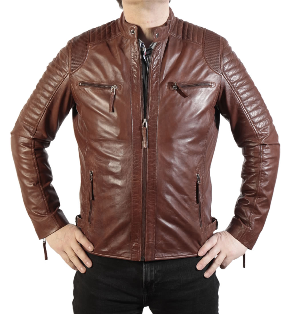 Cognac Leather Biker Jacket With Double Ribbing Detail from Simons Leather