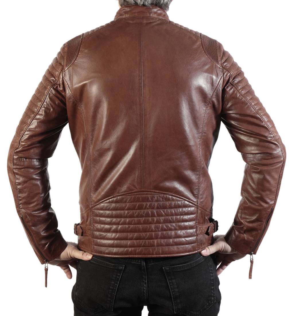 Cognac Leather Biker Jacket With Double Ribbing Detail from Simons Leather