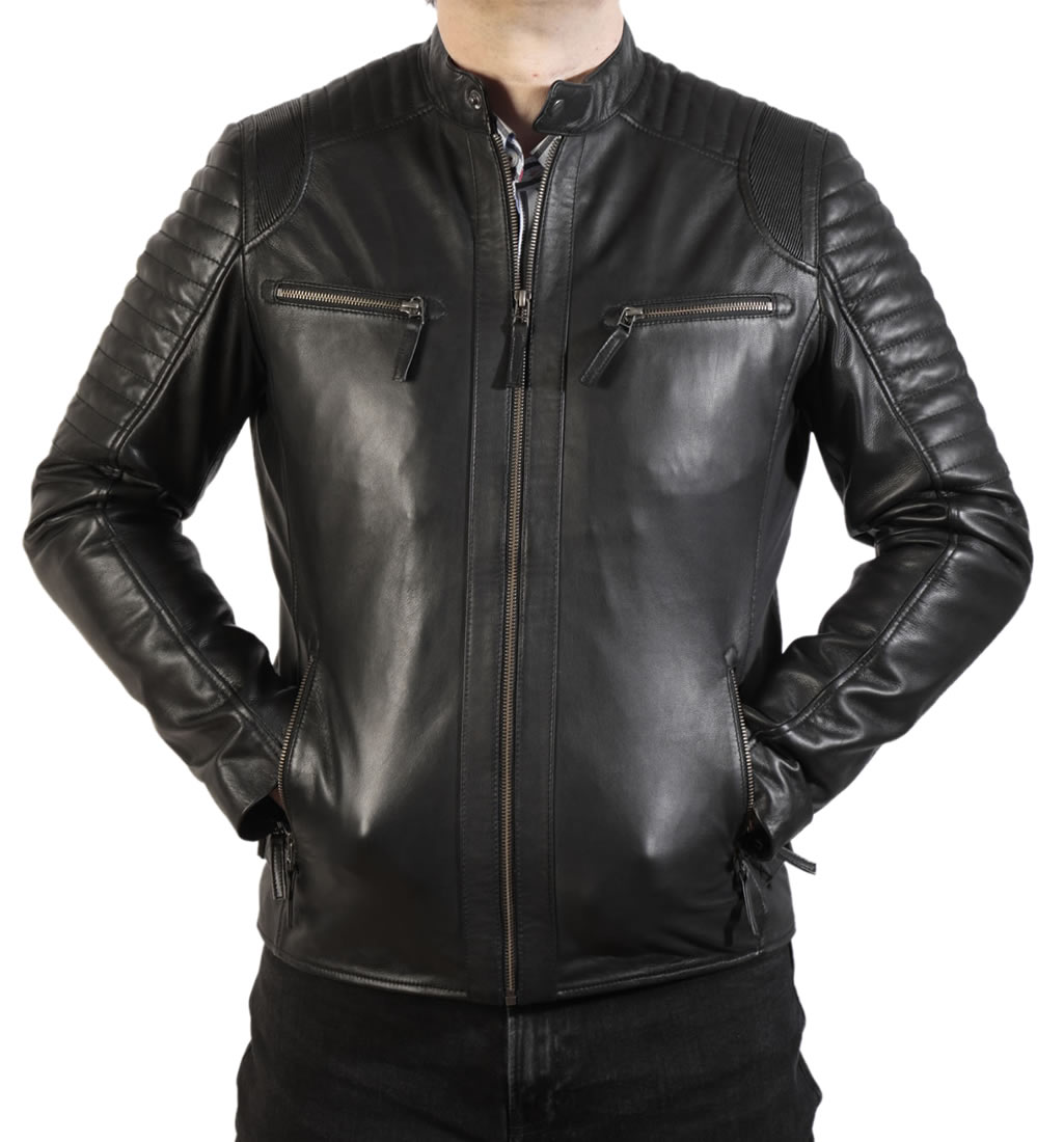 Black Leather Biker Jacket With Double Ribbing Detail from Simons Leather