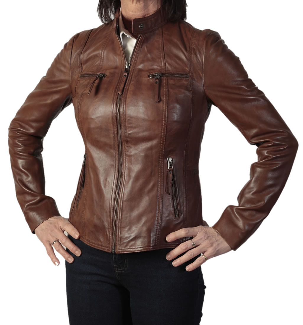 Ladies Tan Leather Hip Length Biker Jacket from Simons Leather