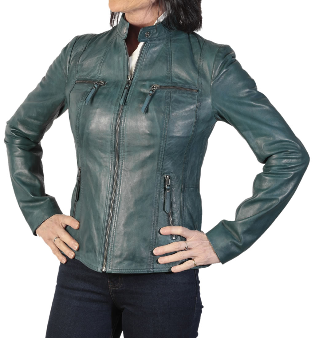 Ladies Petrol Leather Hip Length Biker Jacket from Simons Leather