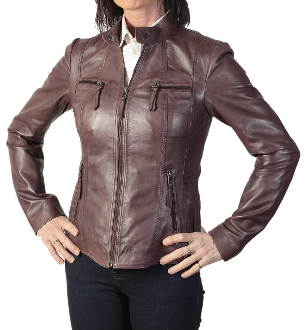 Ladies Wine Leather Hip Length Biker Jacket from Simons Leather