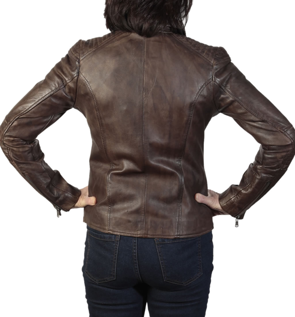 Ladies CrossOver Copper Leather Biker Jacket With Ribbing Detail from