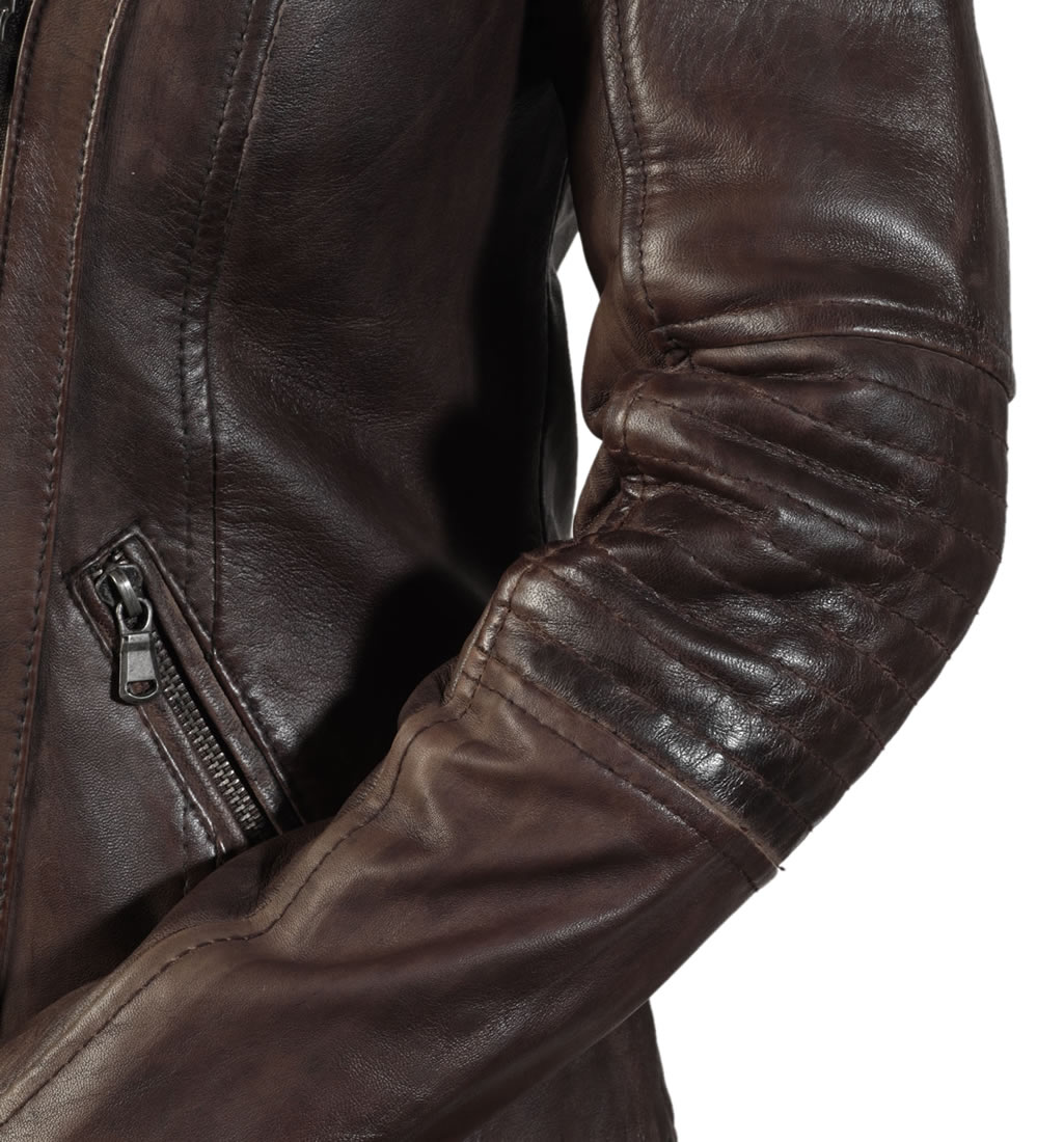 Ladies CrossOver Copper Leather Biker Jacket With Ribbing Detail from