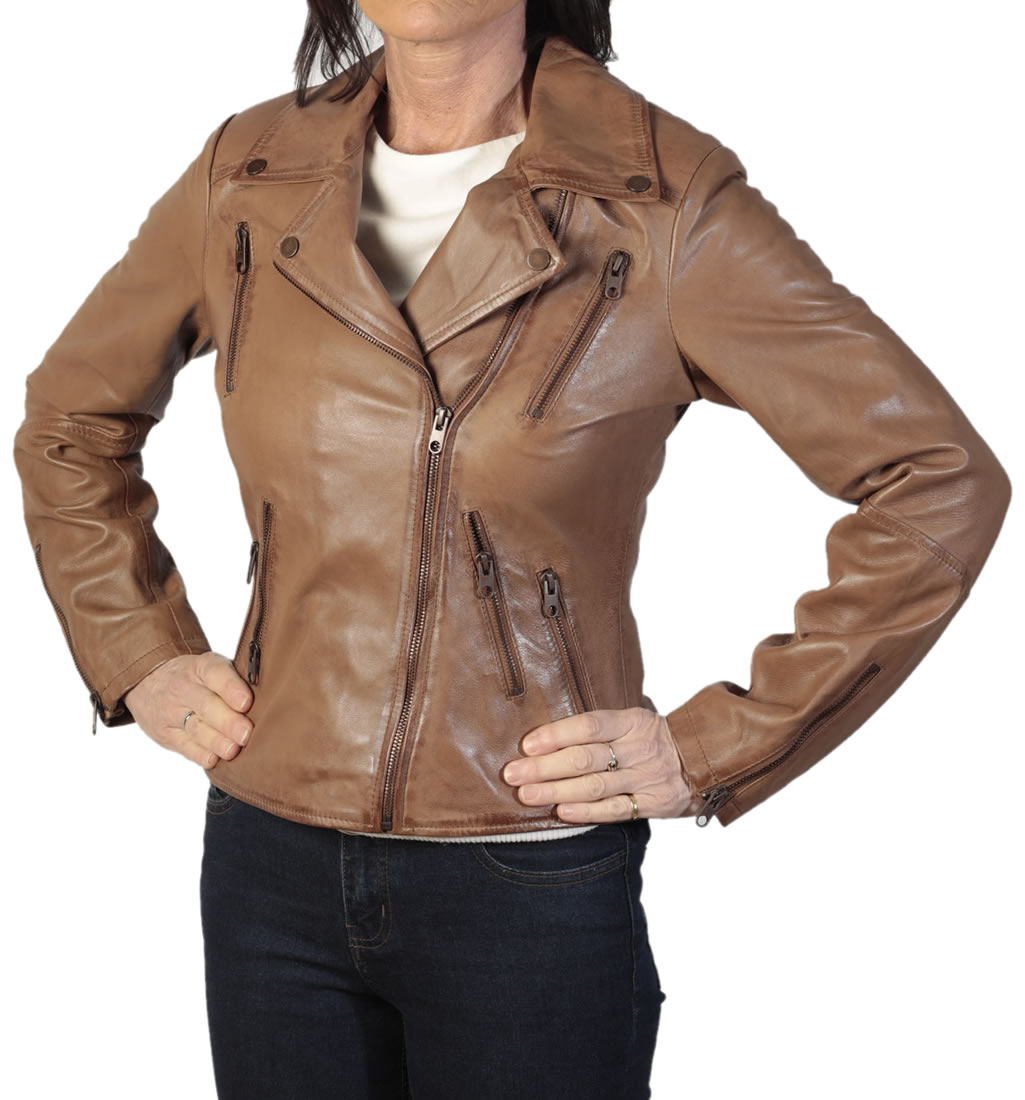 Ladies Cross-Over Tan Leather Biker Jacket from Simons Leather