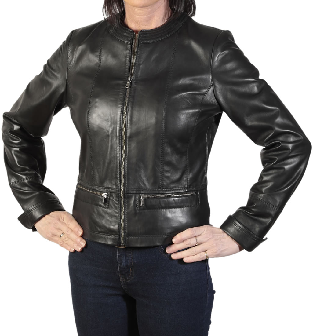 Ladies Black Leather Collarless Zip Up Jacket from Simons Leather