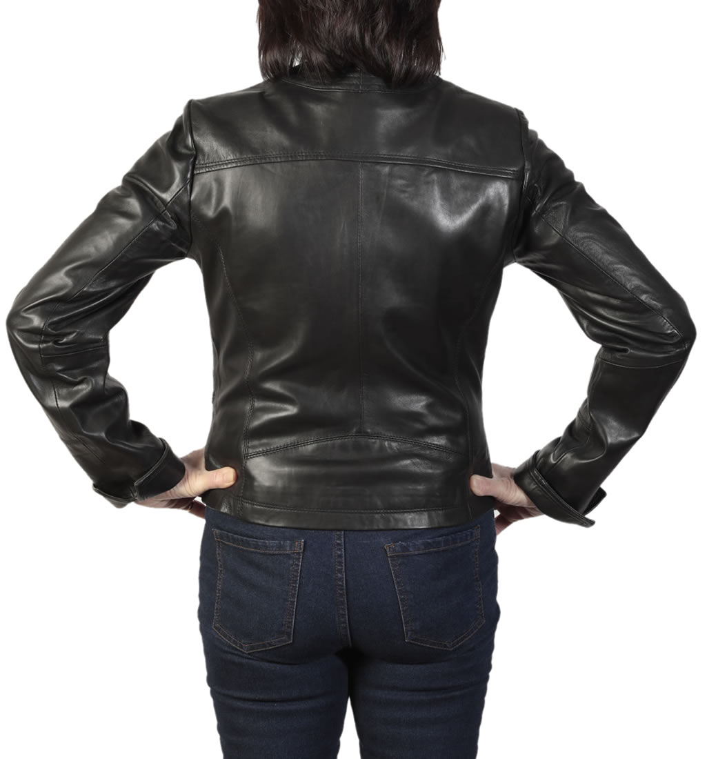 Ladies Black Leather Collarless Zip Up Jacket from Simons Leather