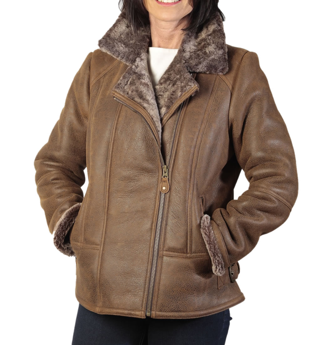 Ladies Cross-Zip Tobacco And Tipped Sheepskin Jacket from Simons Leather