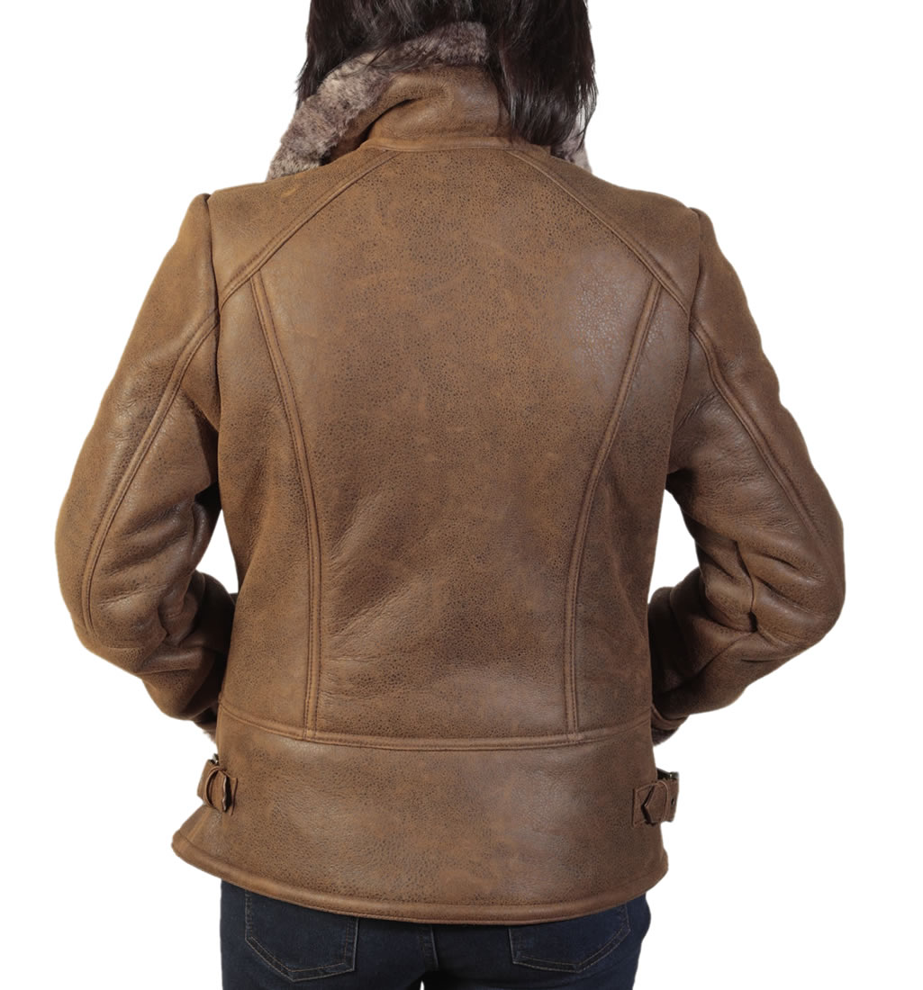 Ladies Cross-Zip Tobacco And Tipped Sheepskin Jacket from Simons Leather